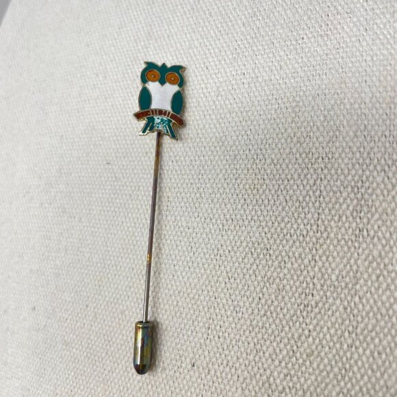 Cloisonne Enamel Owl Stick Pin Novelty Bird Vintage Gold-Tone Green - Picture 2 of 13